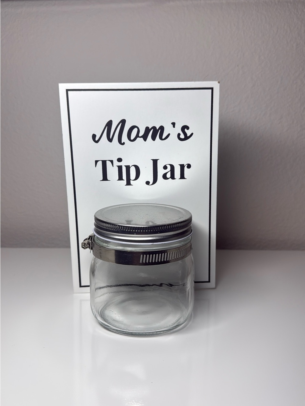 Mom's Tip Jar - Clear Glass Jar with Silver Lid and Clamp